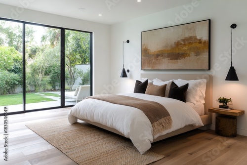 Cozy modern bedroom with sunlight