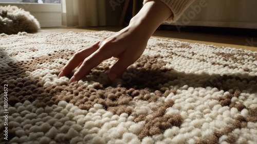 A Person's Hand Gently Explores the Texture of a Fuzzy, Textured Rug Surface