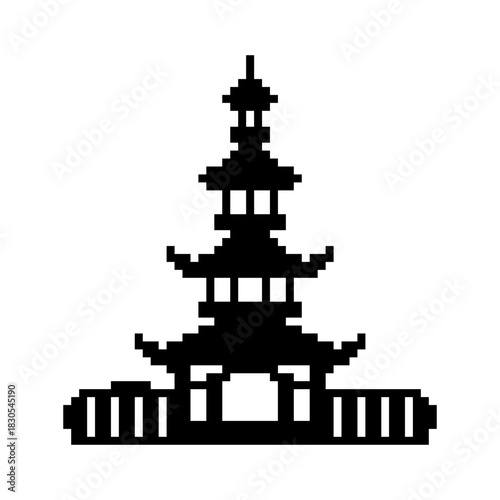 Black pixel art pagoda icon in retro 8bit style. traditional building silhouette.