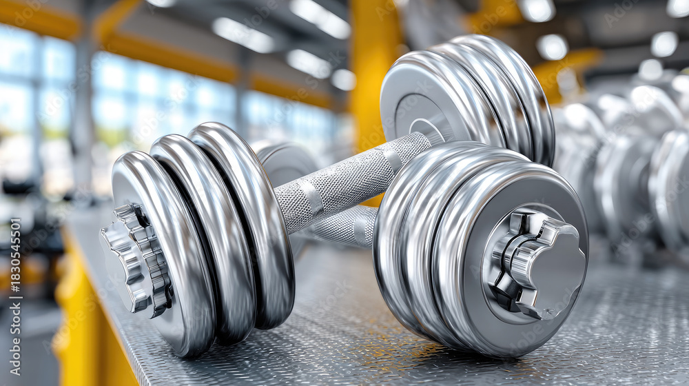 Fototapeta premium modern sports store shelves displaying wide variety of fitness dumbbells, retail shopping interior, strength training equipment, home workout gear, active lifestyle concept