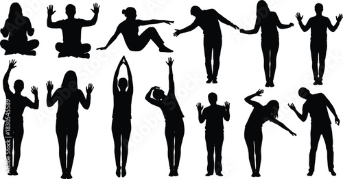 Diverse group of men and women performing various stretching, yoga, and fitness poses in silhouette, illustrating health, wellness, flexibility, balance, and mindful physical exe