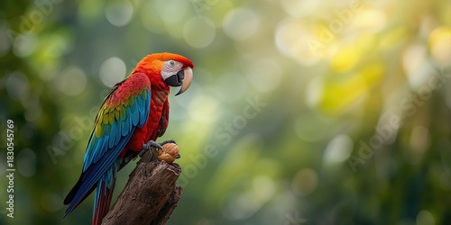 Colorful macaw perched on tree trunk eating a walnut, emphasizing natural foraging behavior