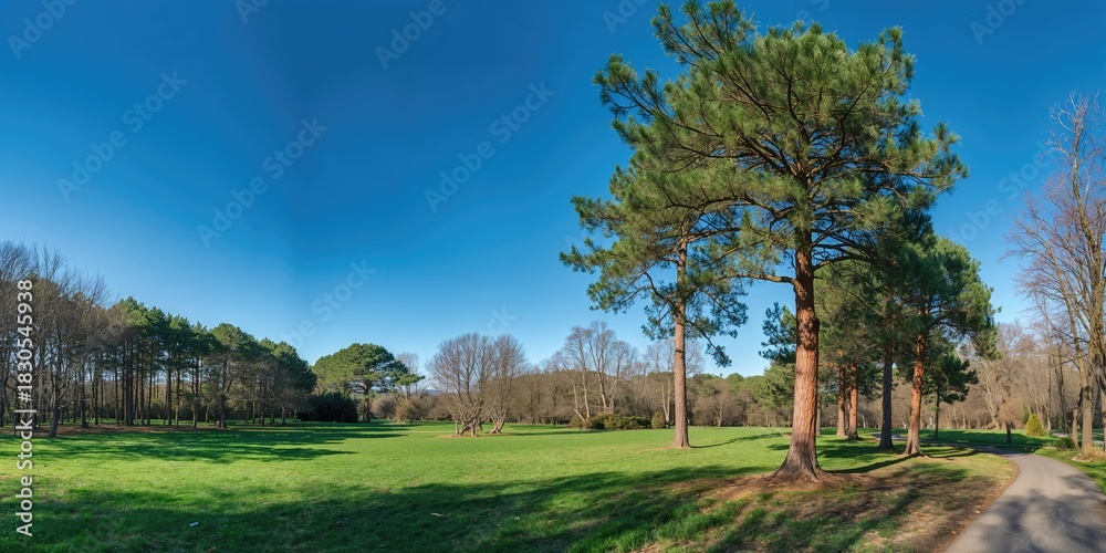 Fototapeta premium Pine trees in a tranquil park on a sunny spring day, showcasing old, large pines and their shadows, natural landscape for relaxation