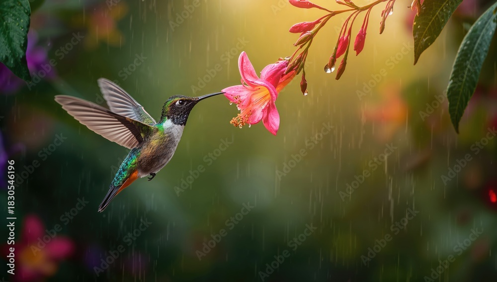 Fototapeta premium Hummingbird near a pink tropical flower, emphasizing pollination activity, Earth Day