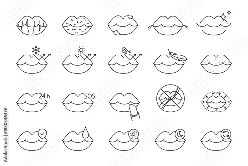 Lips and lip care routine icons set. Line vector, editable stroke. Beauty treatment, skincare, makeup, peeling lips, moisturizing.