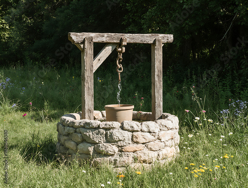 old stone village well with a bucket against the backdrop of a rural area