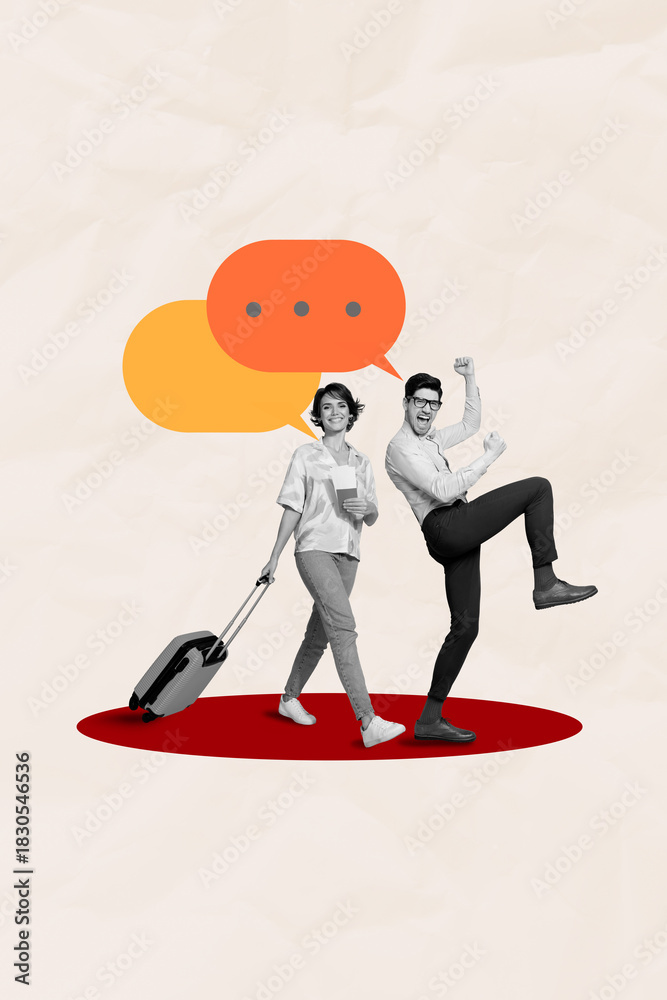 Obraz premium Poster 3D photo collage of trip resort sea beach tourist young gentleman excited success lady walk hold baggage speech box cloud dialogue