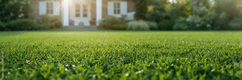 Fototapeta premium Green lawn with natural grass, weeds, and garden care activities, emphasizing maintenance and weed removal