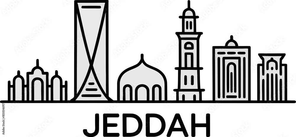 Fototapeta premium Jeddah saudi arabia skyline landmark buildings outline illustration