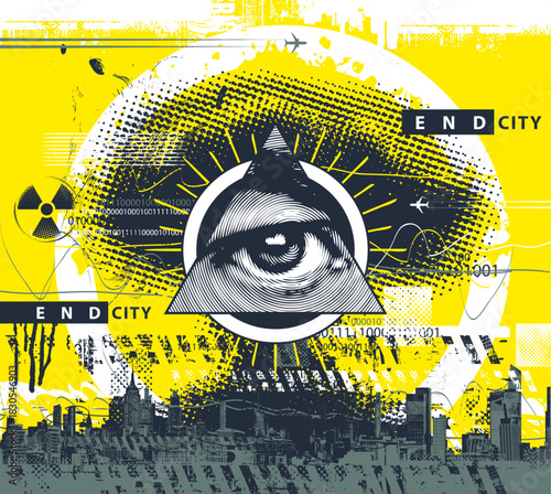 Vector abstract banner. Urbanism, street art, apocalypse. Cityscape with circle, triangle, mushroom cloud, human eye and pixels in grunge-style. T-shirt design. No ai