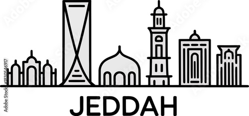 Jeddah saudi arabia skyline landmark buildings outline illustration