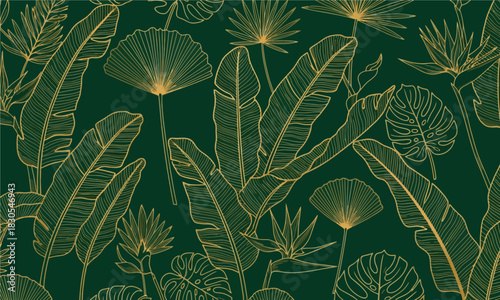Elegant gold line art tropical leaves and flowers pattern on a dark green background.