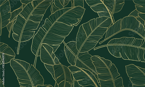 Elegant green and gold tropical leaf pattern, perfect for wallpaper or textile design.