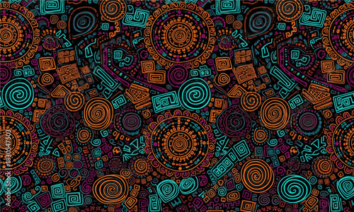 Vibrant abstract pattern with intricate tribal and geometric shapes in warm and cool colors.