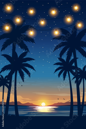 Tropical vertical night beach with glowing string lights, palm trees, mountains and sunset over the ocean. Relaxing summer evening vector illustration for travel, vacation, or resort themes