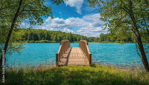 Fototapeta Naklejka Na Ścianę i Meble -  Mallard Lake Bridge with water and sky, summer scene emphasizing natural landscape and lush greenery