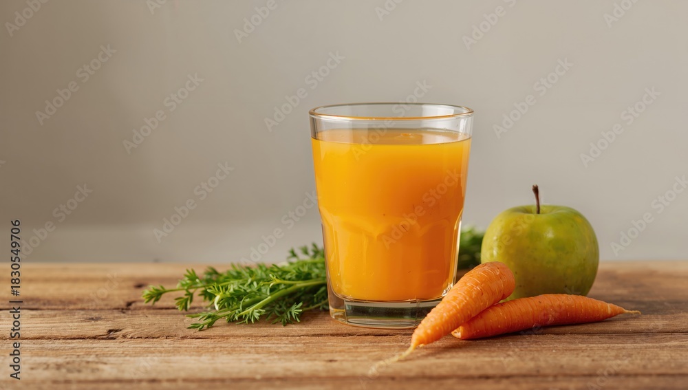 Fototapeta premium Glass of fresh juice with apple and carrot slices on a table, emphasizing nutrient-rich ingredients