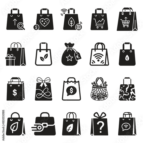 Shopping & Eco Bag Icon Pack – Gift Bags, Money Bags, Market Basket, Retail & Delivery Symbols