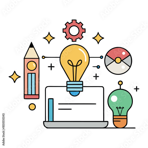 Clean flat design illustrating a bright creative idea, featuring bold colors, crisp shapes, and a glowing lightbulb symbolizing innovation, clarity, and fresh thinking.