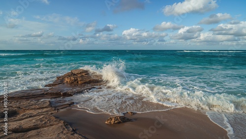 Fototapeta Naklejka Na Ścianę i Meble -  The crashing sea waves against rocky beach formations, showcasing nature's power and beauty