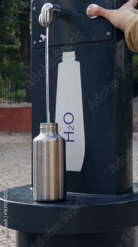 Filling reusable metal water bottle at outdoors water refill station, vertical video. Sustainability, hydration, eco-friendly habits, and reducing single-use plastic