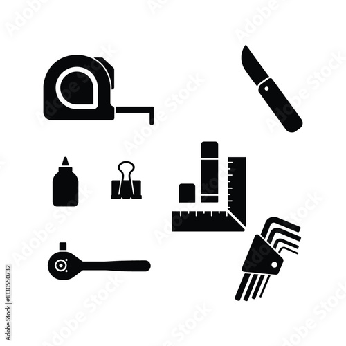 Assorted Tools and Supplies Icons Including Tape Measure Knife and Wrenches measuring tape