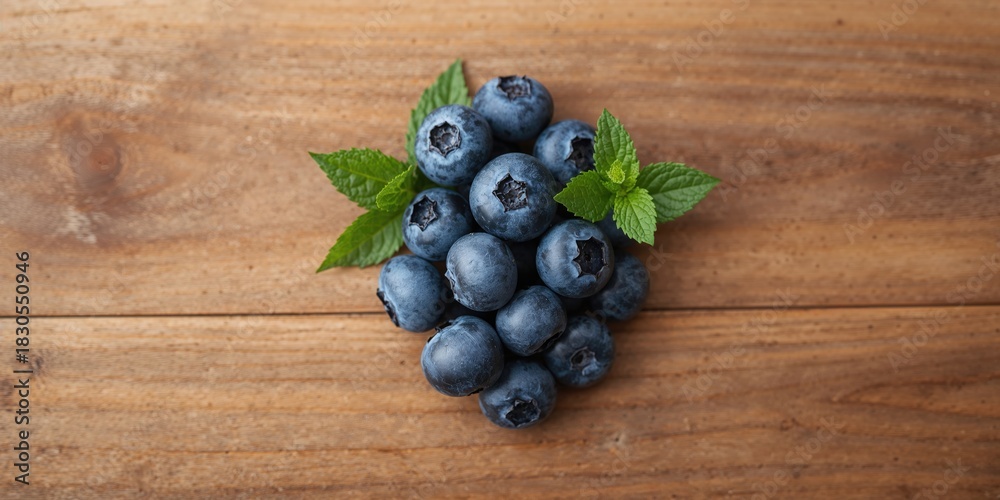 Fototapeta premium Fresh organic blueberries on wooden surface, emphasizing healthy vegetarian ingredients for summer diets