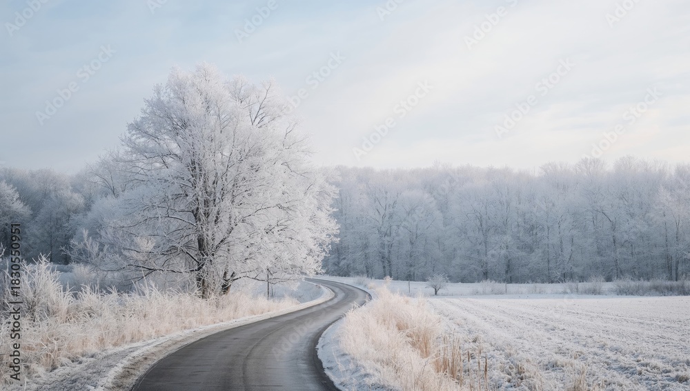 Fototapeta premium Rural winter landscape featuring rime frost on trees, highlighting seasonal change