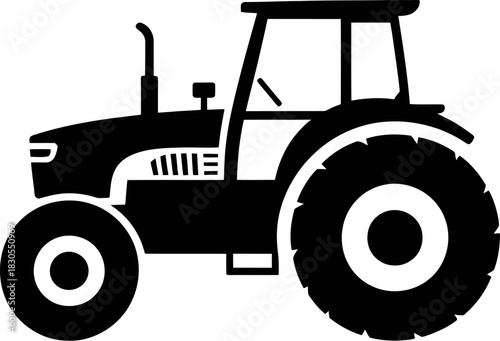 Black silhouette of a modern farm tractor on a white background