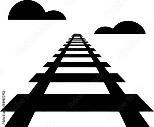Stylized black train tracks receding into the distance with clouds above