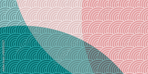 Geometric Japanese background with traditional Seigaiha wave pattern. Modern abstract design with diagonal lines and color blocking in a teal and peach palette.