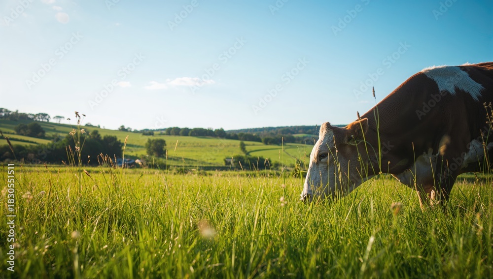 Fototapeta premium Close-up of a cow grazing in a meadow on a lush green field, emphasizing sustainable farming practices, Earth Day