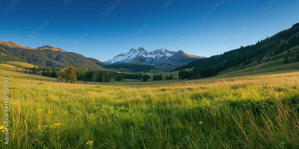 Fototapeta premium Landscape of lush green meadows with forested hills and snow-capped mountains in the background, emphasizing seasonal change