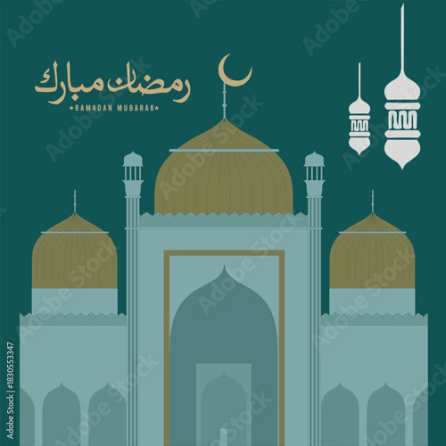 Vector illustration of a mosque silhouette with colorful hanging Ramadan lanterns and a crescent moon
