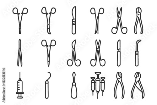 Surgical instruments outline set: scissors, scalpels, tweezers, syringe, pliers.