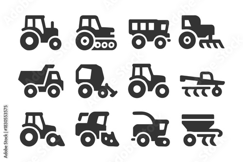 Silhouette icons of various farm machinery and equipment.