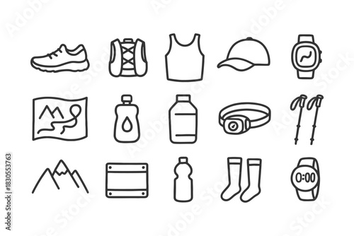 Collection of hiking gear icons including shoes, vest, map, and watch.
