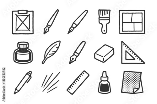 Hand-drawn art supplies collection: brushes, pens, paper, and tools in black and white design.