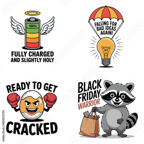 Cartoon battery egg lightbulb raccoon with humorous sayings Keywords: battery, angel wings, halo