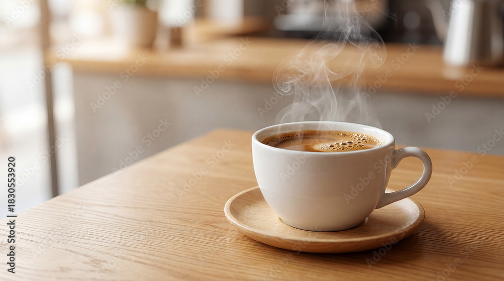Fototapeta premium Steaming Hot Coffee in a White Cup