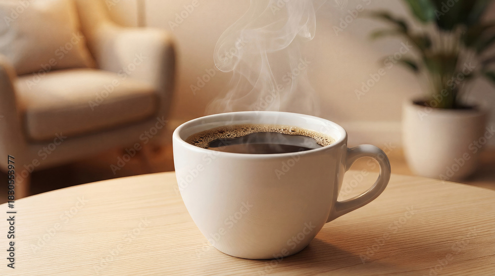 Fototapeta premium Steaming Hot Coffee in a White Cup