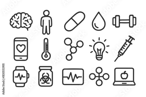 Health and science icons set featuring brain, fitness, and medical symbols.
