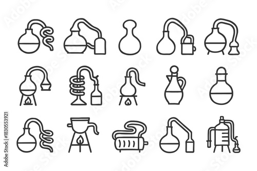 Collection of laboratory distillation icons in minimal outline style.
