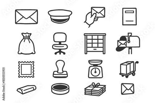 Mail and office icons: envelopes, stamps, bag, chair, mailbox, scale, cart.