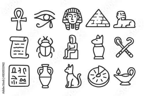 Ancient egyptian symbols: hieroglyphs, artifacts, and mythical icons.