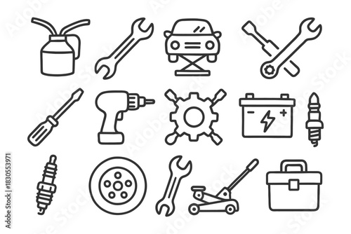 Set of car maintenance tools and equipment icons.