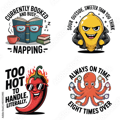 Cartoon book lemon chili pepper and octopus with text napping glasses