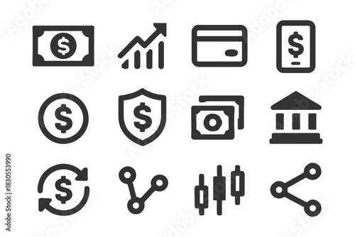 Financial icons set featuring money, credit card, graph, bank, and currency exchange symbols.