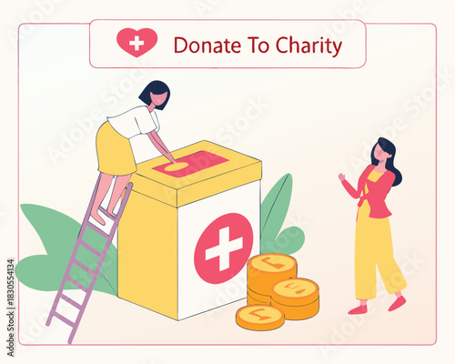 Charity donation illustration with people coins and health symbol on transparent background