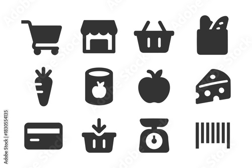 Shopping and food icon set: cart, market, basket, groceries, produce, payment, barcode.